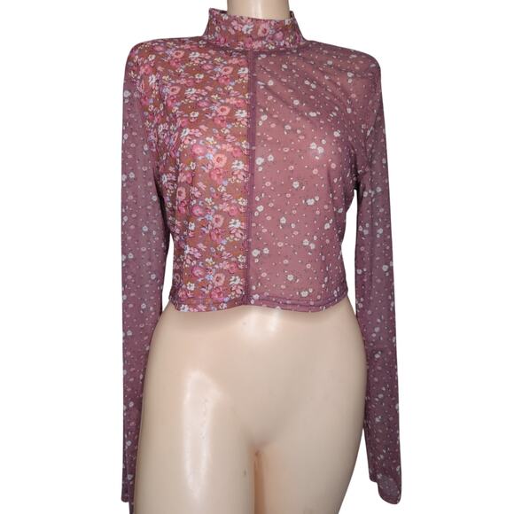 Sheer Mesh Pink Floral Top Women XL Y2K Fairy Grunge Coquette Romantic Stretch - Picture 1 of 5